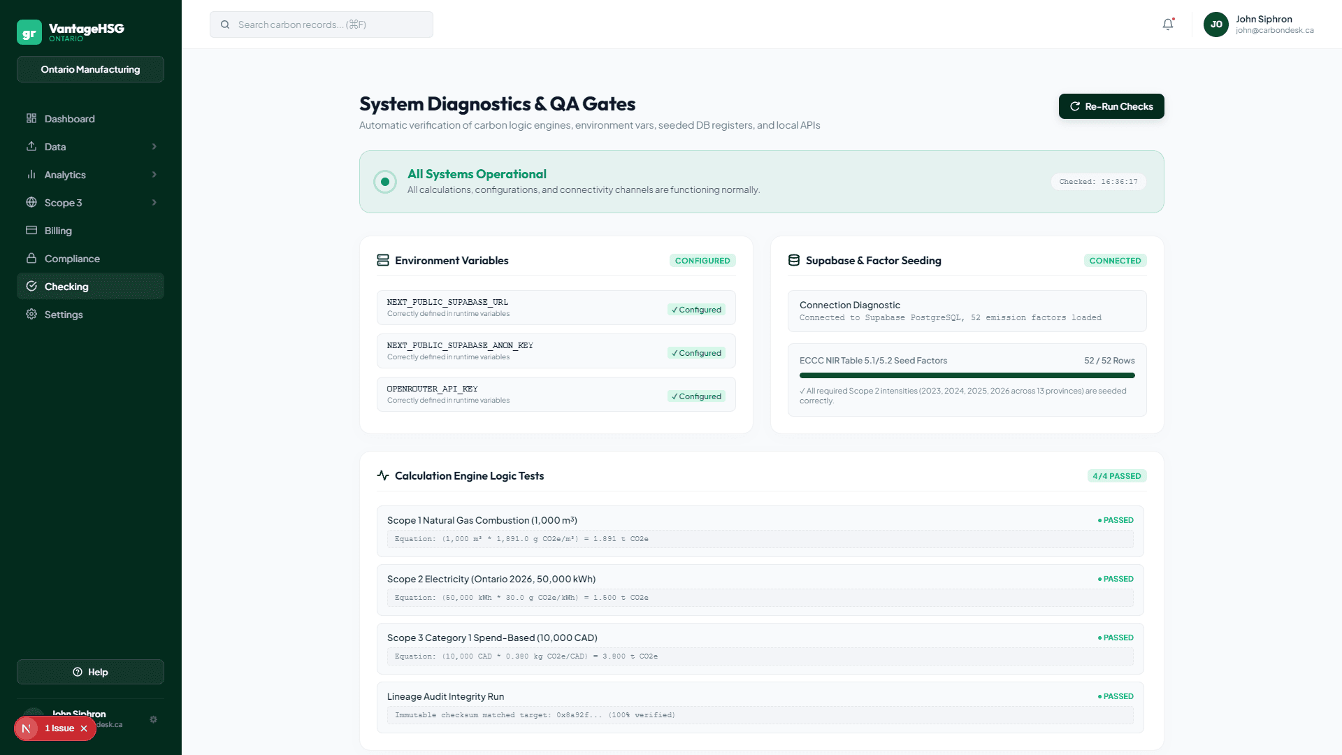 VantageHSG data checking and verification panel